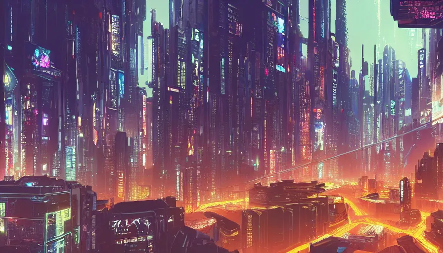 Prompt: A beautiful picture of an establishing shot of a cyberpunk neo tokyo cityscape by Sergey Vasnev and square pictures , trending on artstation