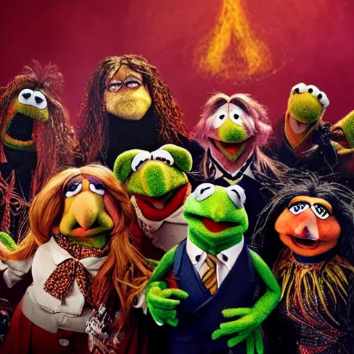 Image similar to the muppets in a satanic heavy metal band, 4k, high detail, high-resolution photograph, professional photography, ultra-detail