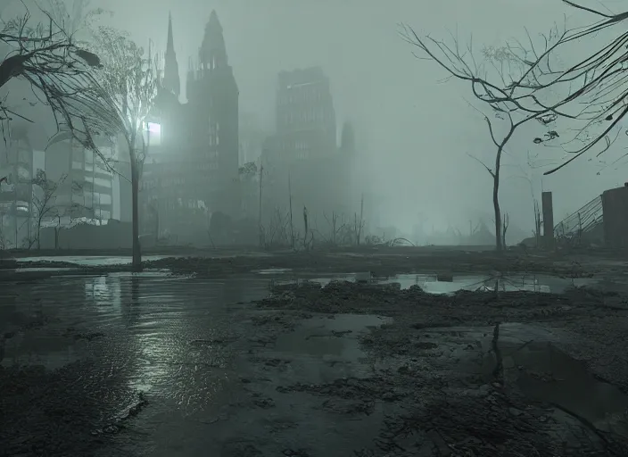 Image similar to dark, misty, foggy, flooded new york city street swamp in Destiny 2, liminal creepy, dark, dystopian, abandoned highly detailed 4k in-game destiny 2 screenshot gameplay showcase