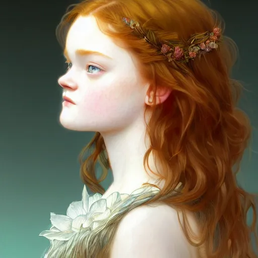 Prompt: beautiful natural Sadie Sink, intricate, early 20s, elegant, highly detailed, digital painting, artstation, concept art, sharp focus, illustration, art by artgerm and greg rutkowski and alphonse mucha and loish and WLOP