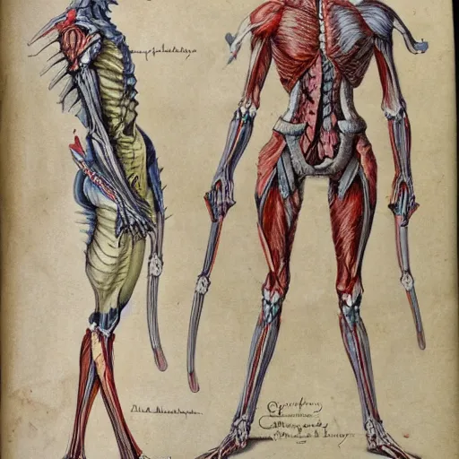 Prompt: on parchment vintage detailed colored sketch of full body dragoon anatomy, full description full page