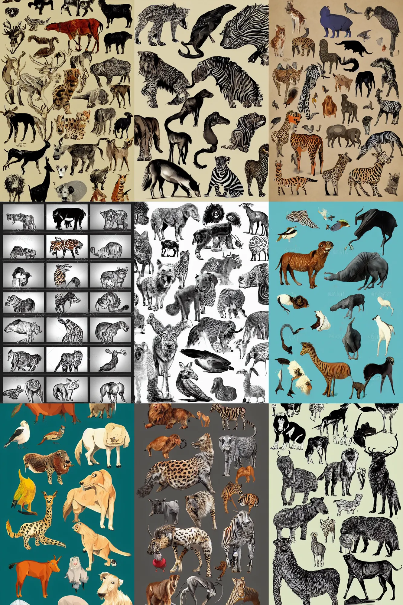 Prompt: artistic animated stylized study page of animals