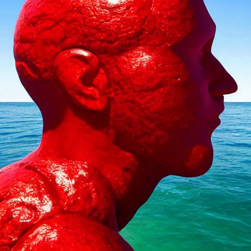 Image similar to a giant human head sculpture in the sea made out of red jelly, in the style of chad knight, long shot, hyper detailed, hyper realistic, ray tracing, 8 k resolution, sharp focus, realistic water, award winning