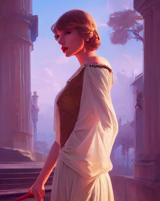 Image similar to portrait of taylor swift as an elegant renaissance goddess, in gta v, stephen bliss, unreal engine, by greg rutkowski, loish, rhads, makoto shinkai and lois van baarle, ilya kuvshinov, rossdraws, global illumination, radiant blue light!!, detailed and intricate environment