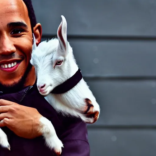 Image similar to an award winning photo of lewis hamilton holding a baby goat, 4 k