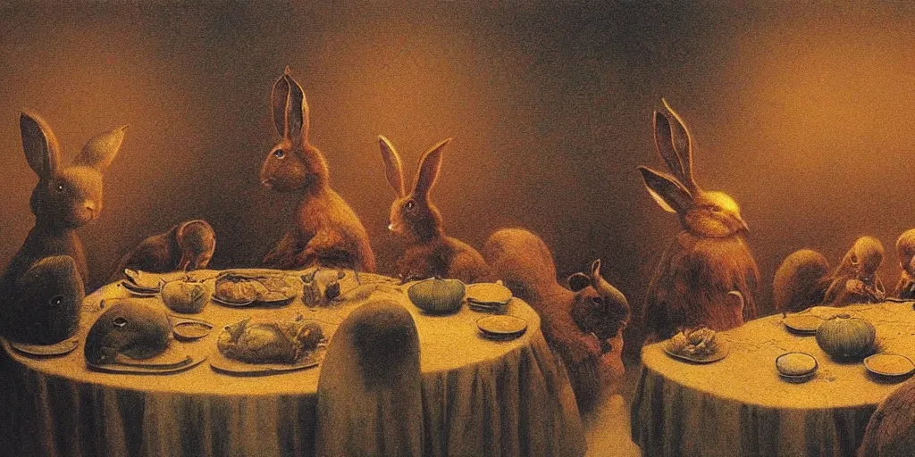 Prompt: Bunny Family Dinner painting by Beksinski