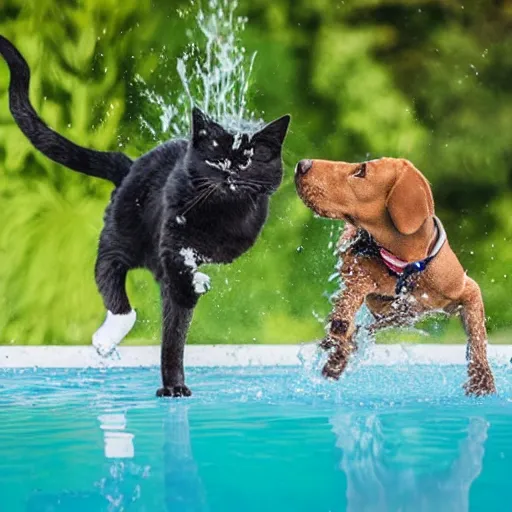 Prompt: cat and dog playing and splashing in pool, action photo