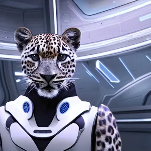 Image similar to A beautiful scene from a 2020 sci-fi film featuring a humanoid leopard wearing a white and blue uniform in a starship bridge. An anthropomorphic leopard in a futuristic uniform.