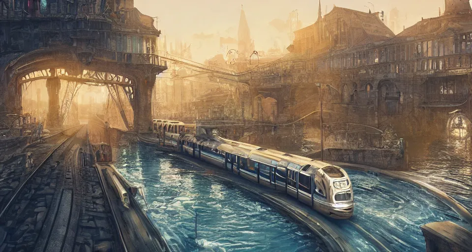 Image similar to An urban train rides inside of a waterway on a fantasy city, next to a fountain and a mystical palace,, hyperdetailed, artstation, cgsociety, golden hour 8k