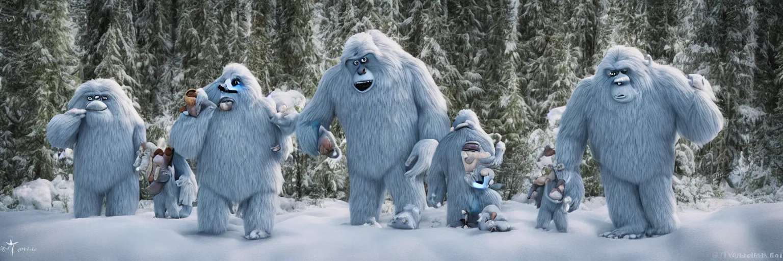 Image similar to yeti bigfoot family in the woods style of pixar