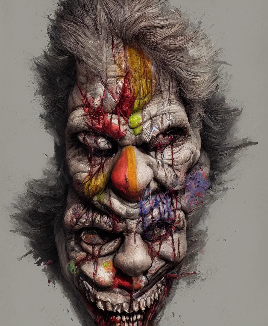 Prompt: Hyper realistic colorful dead clown, intricate, elegant, highly detailed, digital painting, artstation, concept art, sharp focus, illustration, vibrante colors, art by Greg rutkowski