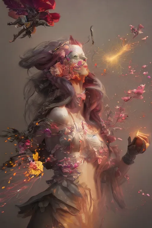 Image similar to beautiful girl necromancer, witch - doctor exploding into flowers, angels, 3 d render, hyper - realistic detailed portrait, holding electricity and birds, ruan jia, wlop. scifi, fantasy, hyper detailed, octane render, concept art, peter mohrbacher