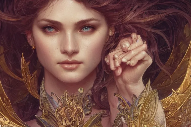 Prompt: close up portrait of beautiful angel, d & d, face, fantasy, intricate, elegant, highly detailed, digital painting, artstation, concept art, smooth, sharp focus, illustration, art by artgerm and greg rutkowski and alphonse mucha