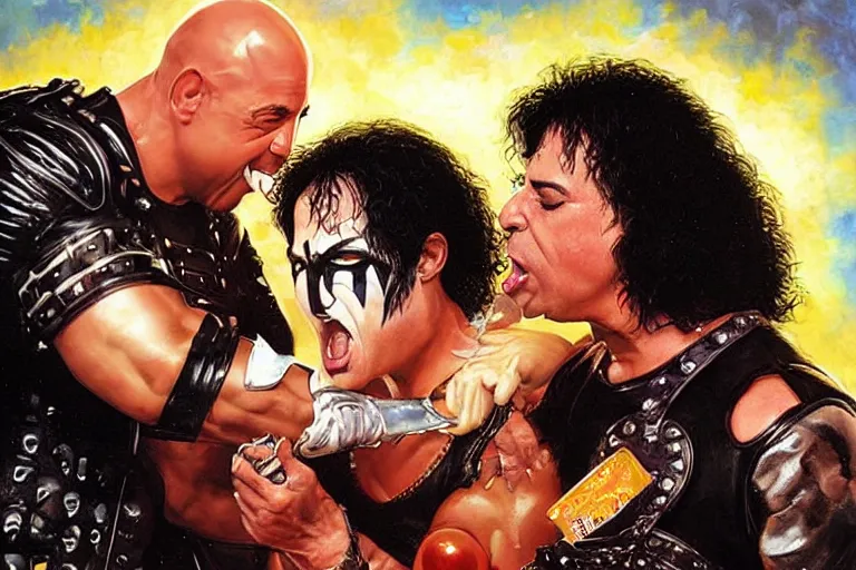 Prompt: vin diesel pouring baked beans into the mouth of paul stanley in kiss makeup, an oil painting by ross tran and thomas kincade