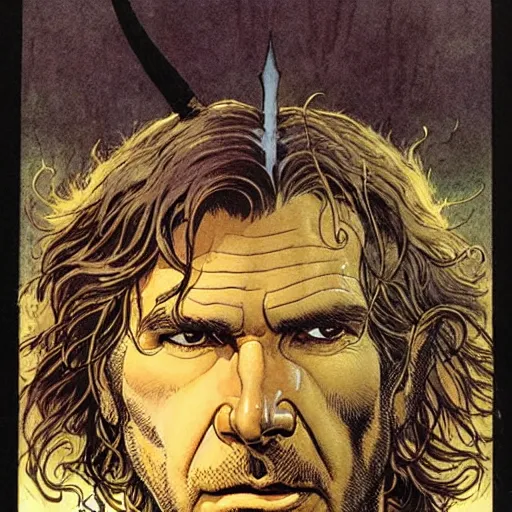 Image similar to a realistic and atmospheric portrait of harrison ford as a druidic warrior wizard looking at the camera with an intelligent gaze by rebecca guay, michael kaluta, charles vess and jean moebius giraud