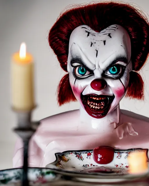 Prompt: film still closeup portrait of a malignant creepy angry grinning confused scary antique filthy victorian porcelain evil clown barbie bride of chucky doll with red glowing eyes wearing a dirty dress, very long black hair, sitting at a table with candles and broken dishes eating a plate of rotten food crawling with cockroaches, dimly lit filthy room in an abandoned old asylum at night, 8k octane render, dramatic lighting, volumetric lighting, high contrast, graffiti, the ring movie, Guillermo del Toro, Craig Mullins, Arney Fretag, Annie Leibovitz, vintage photo from 1890