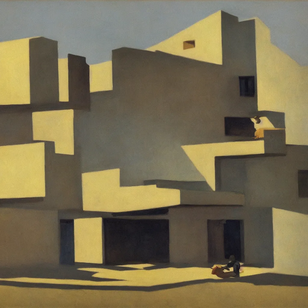 Prompt: dream an openecovillage minimalistic style Edward Hopper,
