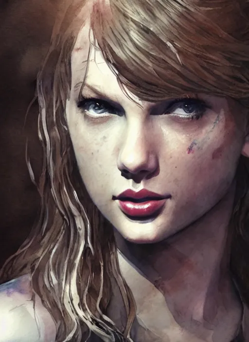 Image similar to portrait, Taylor Swift in the Last of Us universe, watercolor, dramatic lighting, cinematic, establishing shot, extremely high detail, foto realistic, cinematic lighting, pen and ink, intricate line drawings, by Yoshitaka Amano, Ruan Jia, Kentaro Miura, Artgerm, post processed, concept art, artstation, matte painting, style by eddie mendoza, raphael lacoste, alex ross