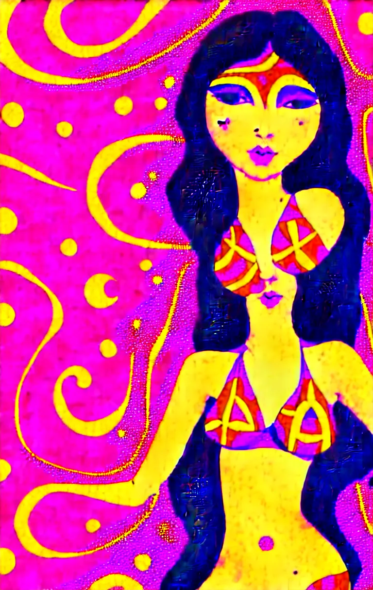 Image similar to beautiful hippie girl illustration, closeup in bikini over psychedelic sacred geometry hallucination