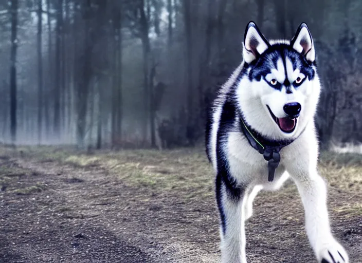 Prompt: film still of a husky in a white vest in the new sci - fi movie, 8 k