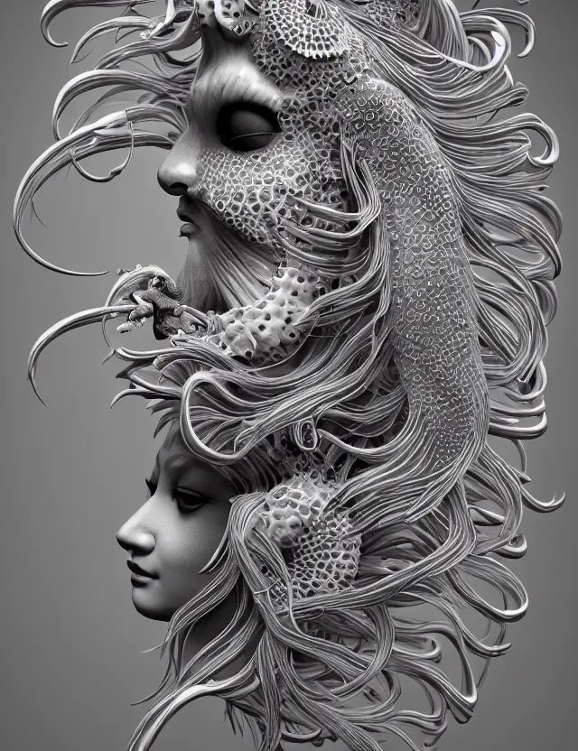 Prompt: 3 d goddess close - up profile portrait with ram skull. beautiful intricately detailed japanese crow jellyfish phoenix, bio luminescent, plasma kitsune mask and clasical japanese kimono. betta fish, jellyfish phoenix, bio luminescent, plasma, ice, water, wind, creature, artwork by tooth wu and wlop and beeple and greg rutkowski