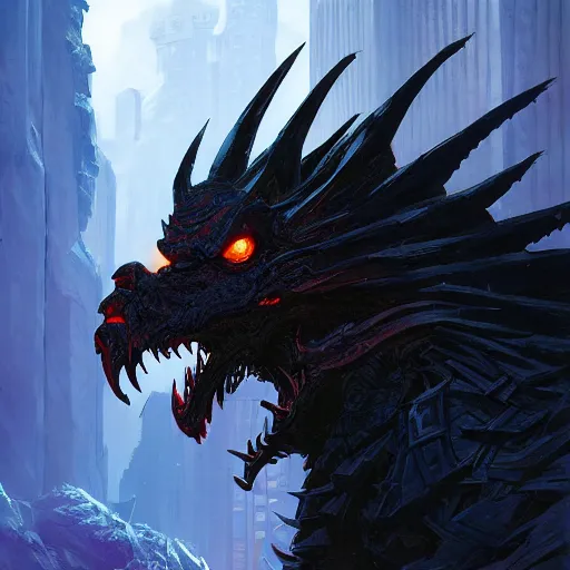 Image similar to Portrait of a terrible black dragon, mattepainting concept Blizzard pixar maya engine on stylized background splash comics global illumination lighting artstation by Feng Zhu and Loish and Laurie Greasley, Victo Ngai, Andreas Rocha, John Harris