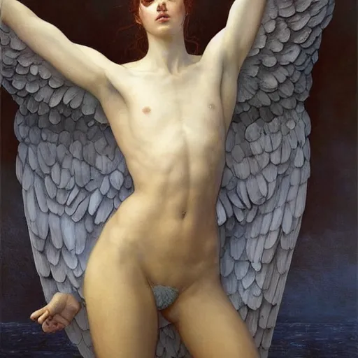 Image similar to epic masterpiece full body portrait a beautiful female angel, flawless skin, perfect body, perfectly formed wings, by Edgar Maxence and Ross Tran and Michael Whelan