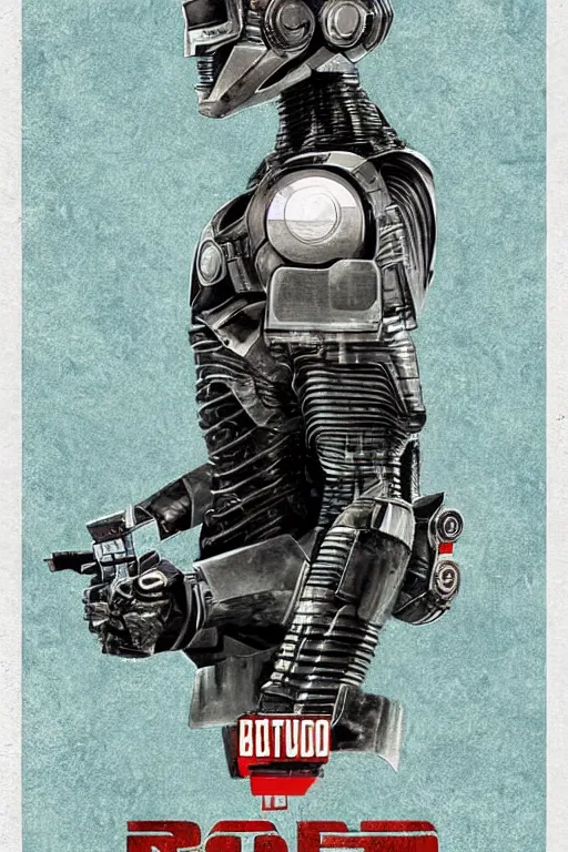 Image similar to poster art, movie poster, retrofuturism, sci - fi, textured, paper texture, robocop by edward valigursky