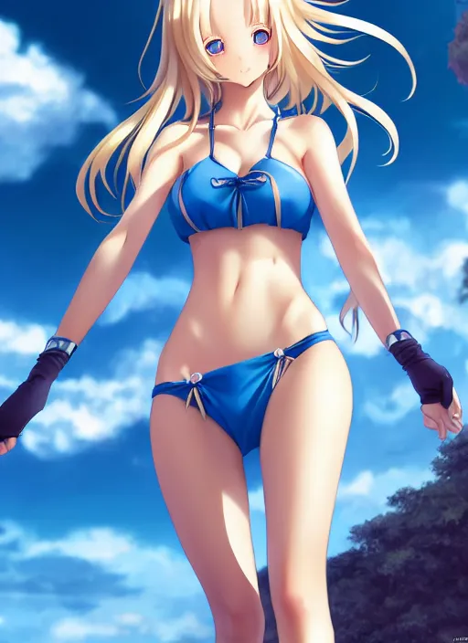 Image similar to a very beautiful young anime giantess with her tiny dad, full body, long wavy blond hair, sky blue eyes, full round face, evil grin, bikini, miniskirt, front view, mid - shot, highly detailed, cinematic wallpaper by stanley artgerm lau