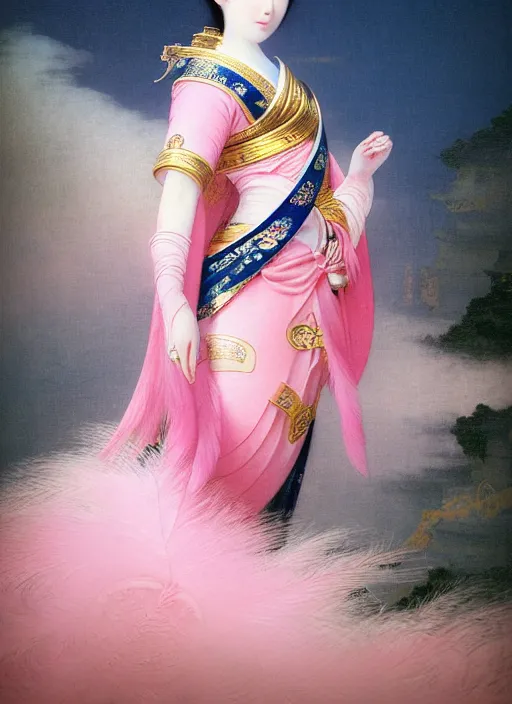 Image similar to stunning japanese godess princess, detailed pink and white million of feathers head peace against a black backdrop by ivan aivazovsky, 3 / 4 view portrait, wlop, super sharp details, photorealism, canon 5 d, 5 0 mm lens, stunning photoshot, beautiful soft lighting, muted colours, artstation