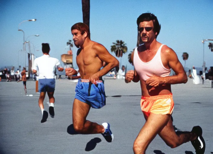 Prompt: color photo. handsome man jogging in the 8 0's. venice beach