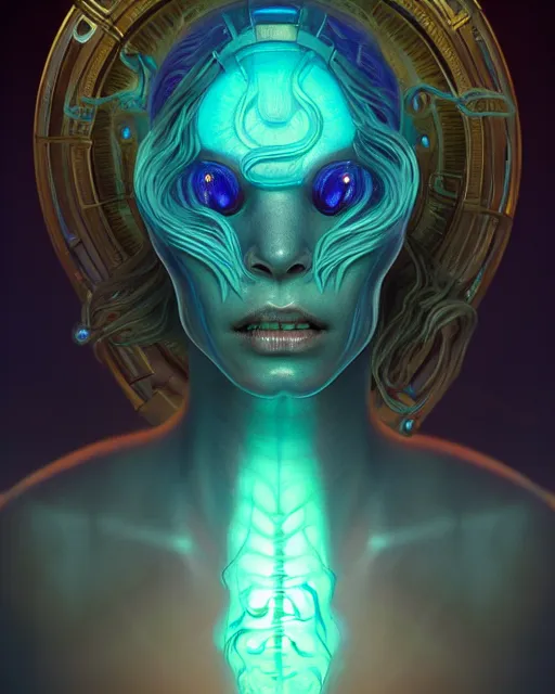 Prompt: portrait of a creepy bioluminescent monster, highly detailed, digital painting, cinematic, hyperrealism, dark retrowave, art by stanley lau and artgerm and magali villeneuve and alphonse mucha, artstation hd, octane render, cgsociety