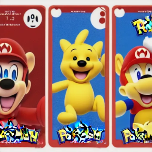 Image similar to photograph of winnie the pooh and super mario and sonic the hedgehog anime style, on pokemon card packs at target