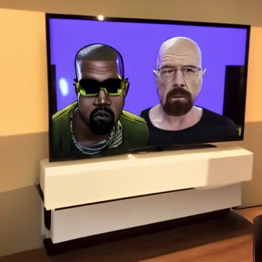 Image similar to kanye west and walter white gaming, playing fortnite on the tv