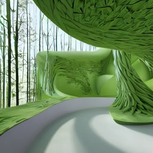 Image similar to Hyper realistic,interior design,organic form,plaster, green,transparency, view of forest,Future design,architecture design,parametric architecture,covers by textile,environment,morning light,Cinematography,mega scans,cinematic,hyper realistic,photo real,cinematic composition,highly detailed,vray,8k render, extremely realistic H 1024