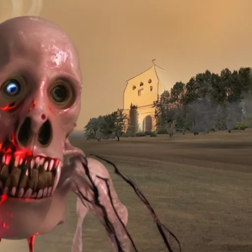 Prompt: horrifying 3d render of a homunculi with human features charging down a hill of a burning small town a white wooden church is in the distance, bloody, by wes craven, 35mm film stock