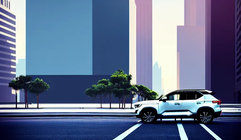 Image similar to a beautiful, sharp focus, clean lines. an urban cityscape with a white volvo xc 4 0 on the street. vaporwave ombre rendering. outrun style. trending on artstation. recommended for you behance. by chris moore. by edward hopper. ambient occlusion. digital matte painting. metropolis filmic. gotham city.
