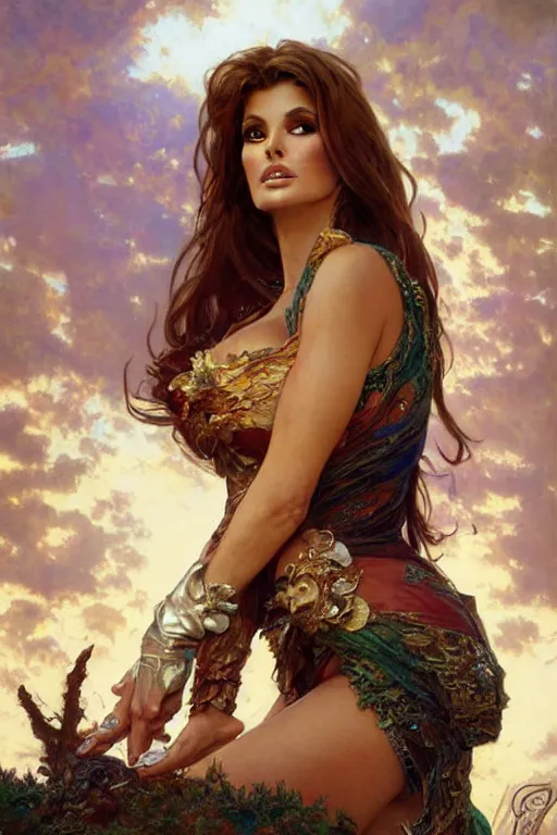 Prompt: young Raquel Welch portrait, fantasy, elegant, intricate, by Stanley Artgerm Lau, greg rutkowski, thomas kindkade, alphonse mucha, loish, norman Rockwell