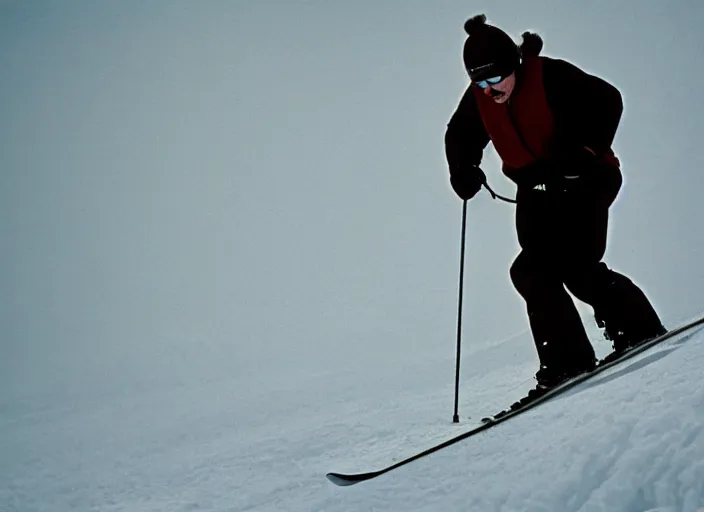 Image similar to a 2 8 mm macro kodachrome photo of one man skiing off a ski jump with snow bursting behind him in the swiss alps in the 1 9 5 0's, seen from a distance, bokeh, canon 5 0 mm, cinematic lighting, film, photography, golden hour, depth of field, award - winning