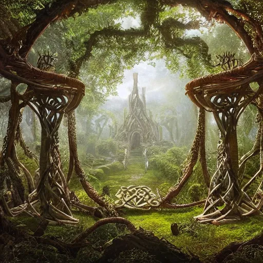 Prompt: a beautiful and highly detailed matte painting of a wooden elven temple in a magical fantasy garden in a lush forest, celtic knots, ancient runes, knotted trees, tangled vines, intricate details, epic scale, insanely complex, 8 k, sharp focus, hyperrealism, very realistic, by caspar friedrich, albert bierstadt, james gurney, brian froud
