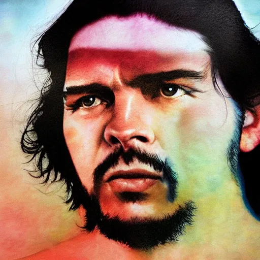 Image similar to colour masterpiece surreal closeup portrait photography of che guevara by miho hirano and annie leibovitz and michael cheval, psychedelic smoke background, 8 k