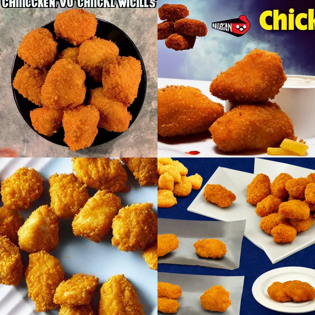 Prompt: chicken nuggets taking over the world, using nukes and sticks