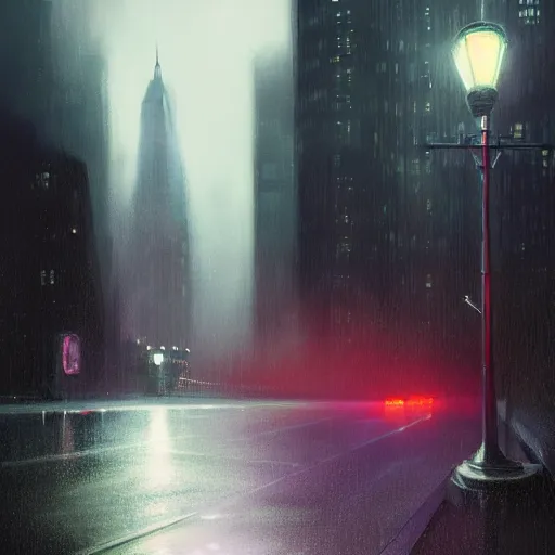 Image similar to a spaceship lands in gotham city, night, wet pavement, street level view, light mist, fantasy, intricate, elegant, digital painting, trending on artstation, concept art, soft focus, illustration by greg rutkowski, edward hopper, 4 k.