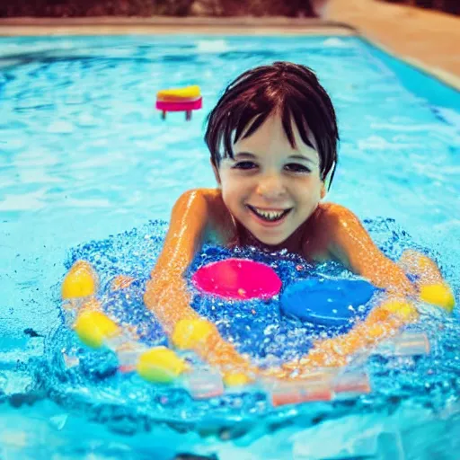 Prompt: a child swimming in a pool full of candy