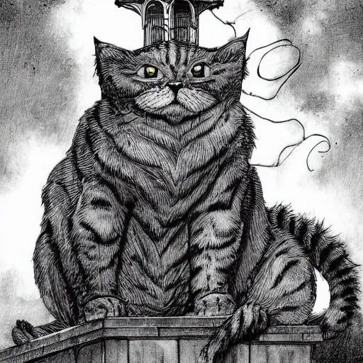 Prompt: a giant cat sitting on top of a victorian castle spire, cat god, style of kentaro miura!!!!, black and white, finely detailed