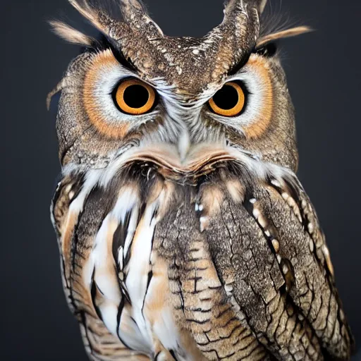 Image similar to a renaissance style portrait of an Eurasian scops owl (Otus scops) wearing a crown and a cape, dark background