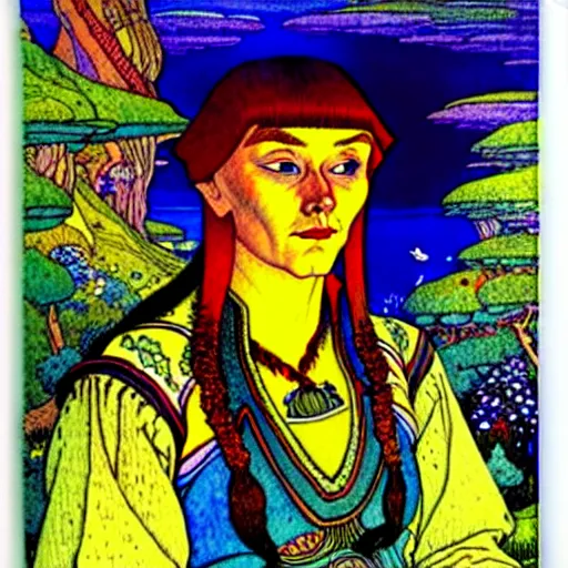 Image similar to a portrait of a character in a scenic environment by ivan bilibin