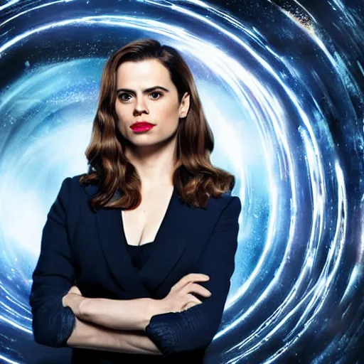 Image similar to a full body photograph of hayley atwell as'doctor who ', time vortex in the background, detailed face, symmetrical face, extreme realism and detail, 8 k, completely framed, direct lighting, 3 5 mm photo, photorealistic, sharp focus