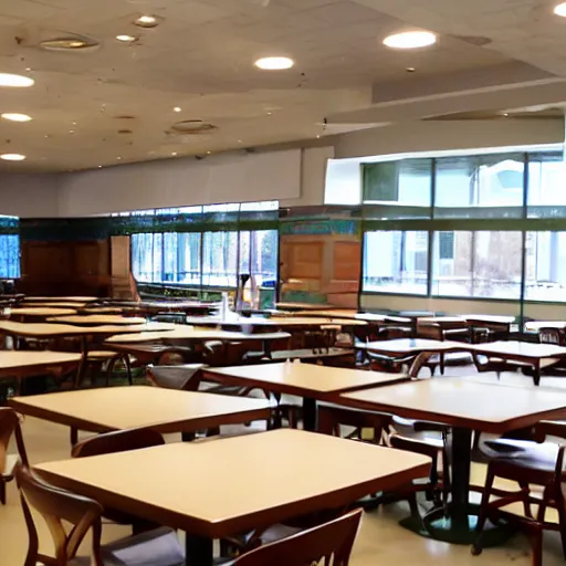 Prompt: photograph of a cafeteria