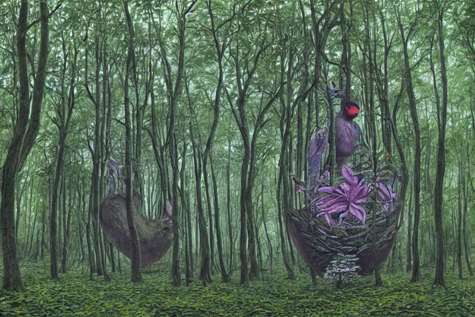 Image similar to anamorphic surrealist graffiti of a forest, by birdo, alex maksiov and john pugh